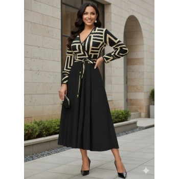 Kadın Uzun Kollu Kruvaze Yaka Dalgıç Krep Midi Boy Elbise