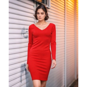 Kadın Uzun Kollu V Yaka ırt Dekolteli cuba Dalgıç Kumaş Mini Elbise
