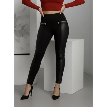 Kadın Yüksek Bel Deri Detaylı Fermuarlı Dalgıç Tayt