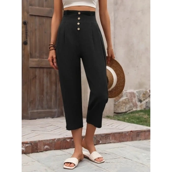 Kadın Yüksek Belli önden Düğmeli Ithal Keten Pantolon