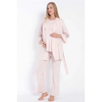 Kısa Kol Bisiklet Yaka Kadın Viskon Dantel Detaylı Hamile Pijama Takımı Sabahlık