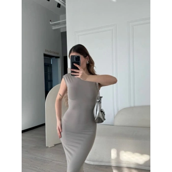 Kolsuz Uzun Likralı Elbise  Gri