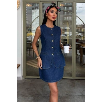 Kolsuz Yelekli Mini Etekli Denim Takım 10164