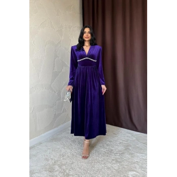 Mor Göğüs Altı Taşlı Elbise