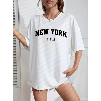 New York Baskılı Oversize Bisiklet Yaka Tshirt  Beyaz