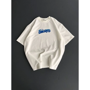 Ön Ve Arka Baskılı Oversize Bisiklet Yaka Tshirt Beyaz