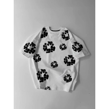 Ön Ve Arka Baskılı Oversize Bisiklet Yaka Tshirt Beyaz