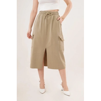 Ön Yırtmaçlı Cep Detaylı Haki Etek