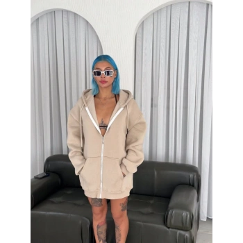 Oversize Tam Fermuarlı Uzun Kol Hırka  Bej