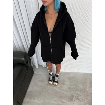 Oversize Tam Fermuarlı Uzun Kol Hırka  iyah