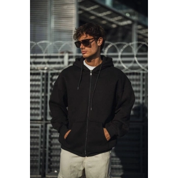 Oversize Tam Fermuarlı Uzun Kol Hırka  iyah