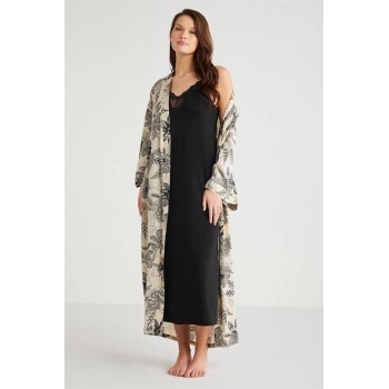 Penye Mood %100  Viskon Çiçek Desen 2li Sabahlık Gecelik Takımı