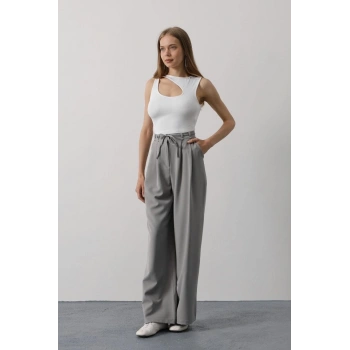 Pileli Bağcıklı Oversize Pantolon  Gri