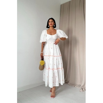 Pudra Dantel Detaylı Brode Elbise