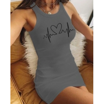 Ritim Kalp Baskılı Sıfır Kol Kaşkorse Elbise