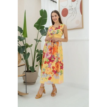Sarı Çiçek Desenli Yazlık Elbise