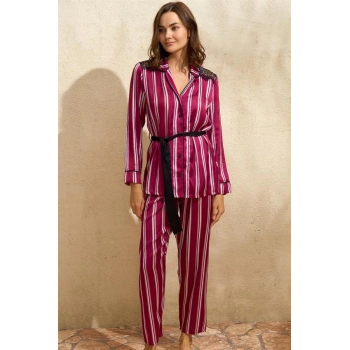Saten Çizgili Düğmeli Uzun Kol Dantelli Gömlek ve Pantolon Pijama Takım