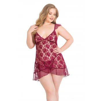 Secretsita Büyük Beden Bordo Kısa Tül Gecelik