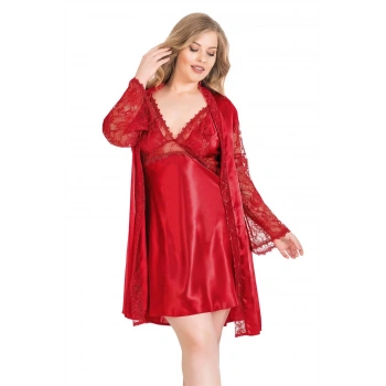 Secretsita Büyük Beden Kırmızı Kısa İkili Saten Sabahlık Gecelik Takımı