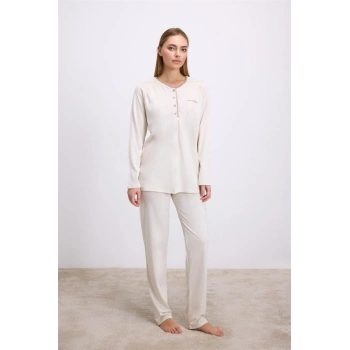 Secretsita Fil Dişi Modal Pamuklu Uzun Kollu Düğmeli 2li Pijama Takımı
