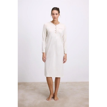 Secretsita Fil Dişi Modal Uzun Kollu Düğmeli Gecelik