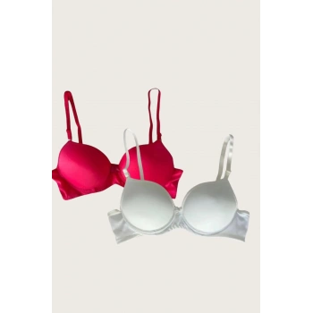 Secretsita Kırmızı-Beyaz 2li Mikro Kumaş Push Up Dolgulu Balenli Günlük Destekli Sütyen