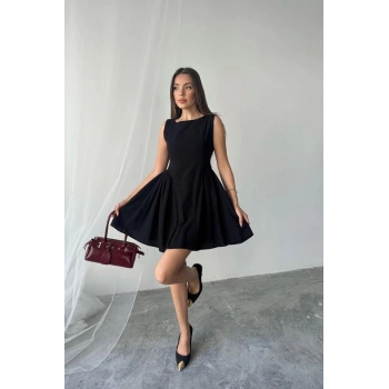 Siyah ini Boy Büzgülü Keten Elbise