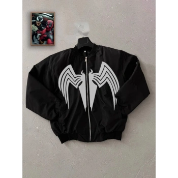 Tam Fermuarlı Uzun Kol Baskılı Bomber Ceket  iyah