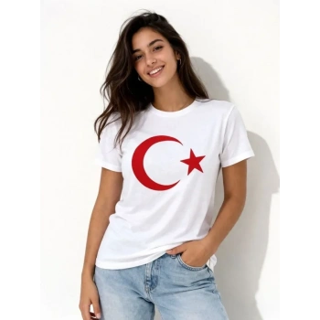 Thirt Kısa Kol Bisiklet Yaka Ay Yıldız Bayrak Baskılı Tişört  Beyaz