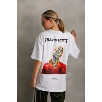 Unisex Baskılı Oversize Thirt  Beyaz
