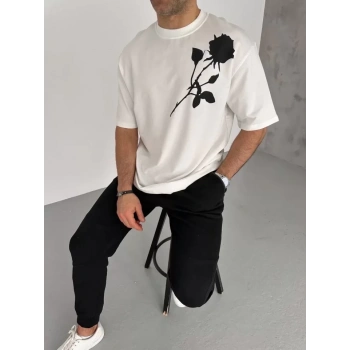 Unisex Bisiklet Yaka Baskılı Oversize Thirt  Beyaz