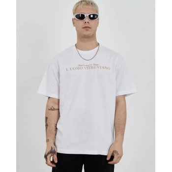Unisex Bisiklet Yaka Baskılı Oversize Thirt  Beyaz