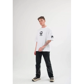 Unisex Bisiklet Yaka Baskılı Oversize Thirt  Beyaz