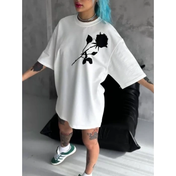 Unisex Bisiklet Yaka Baskılı Oversize Thirt  Beyaz