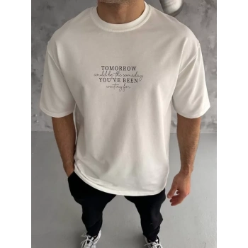 Unisex Bisiklet Yaka Baskılı Oversize Thirt  Beyaz