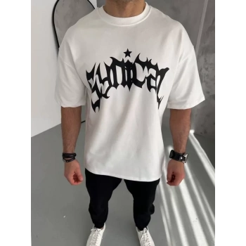 Unisex Bisiklet Yaka Baskılı Oversize Thirt  Beyaz