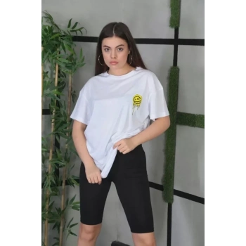 Unisex Bisiklet Yaka Baskılı Oversize Thirt  Beyaz