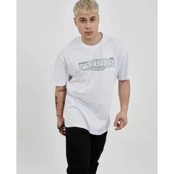 Unisex Bisiklet Yaka Baskılı Oversize Thirt  Beyaz