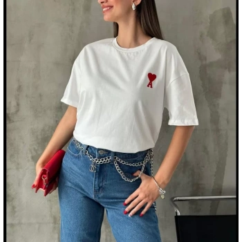 Unisex Bisiklet Yaka Baskılı Oversize Thirt  Beyaz