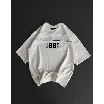 Unisex Bisiklet Yaka Baskılı Oversize Thirt  Beyaz