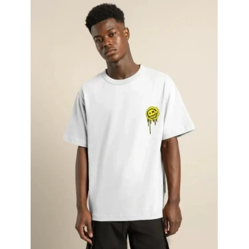 Unisex Bisiklet Yaka Baskılı Oversize Thirt  Beyaz