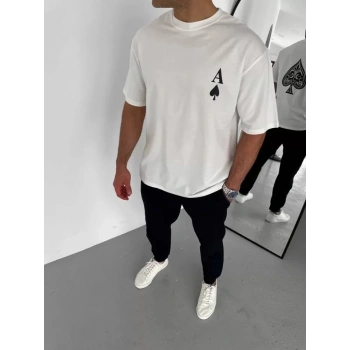 Unisex Bisiklet Yaka Baskılı Oversize Thirt  Beyaz