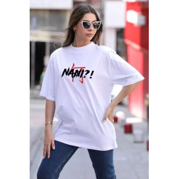 Unisex Bisiklet Yaka Baskılı Oversize Thirt  Beyaz