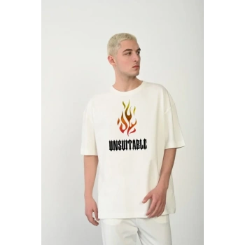 Unisex Bisiklet Yaka Baskılı Oversize Thirt  Beyaz