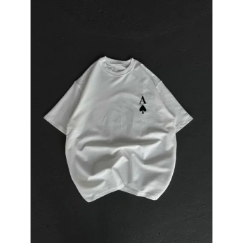 Unisex Bisiklet Yaka Baskılı Oversize Thirt  Beyaz