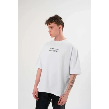 Unisex Bisiklet Yaka Baskılı Oversize Thirt  Beyaz