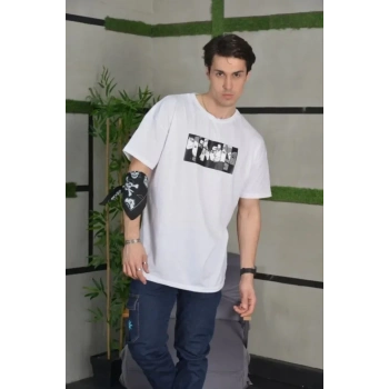 Unisex Bisiklet Yaka Baskılı Oversize Thirt  Beyaz