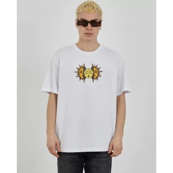 Unisex Bisiklet Yaka Baskılı Oversize Thirt  Beyaz