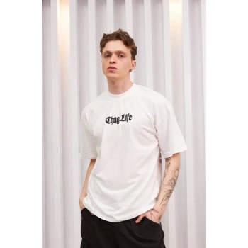 Unisex Bisiklet Yaka Baskılı Oversize Thirt  Beyaz