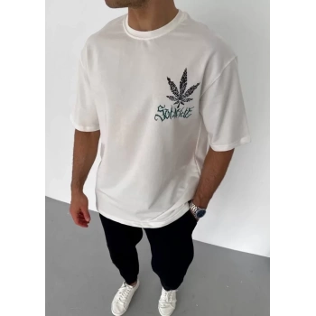 Unisex Bisiklet Yaka Baskılı Oversize Thirt  Beyaz